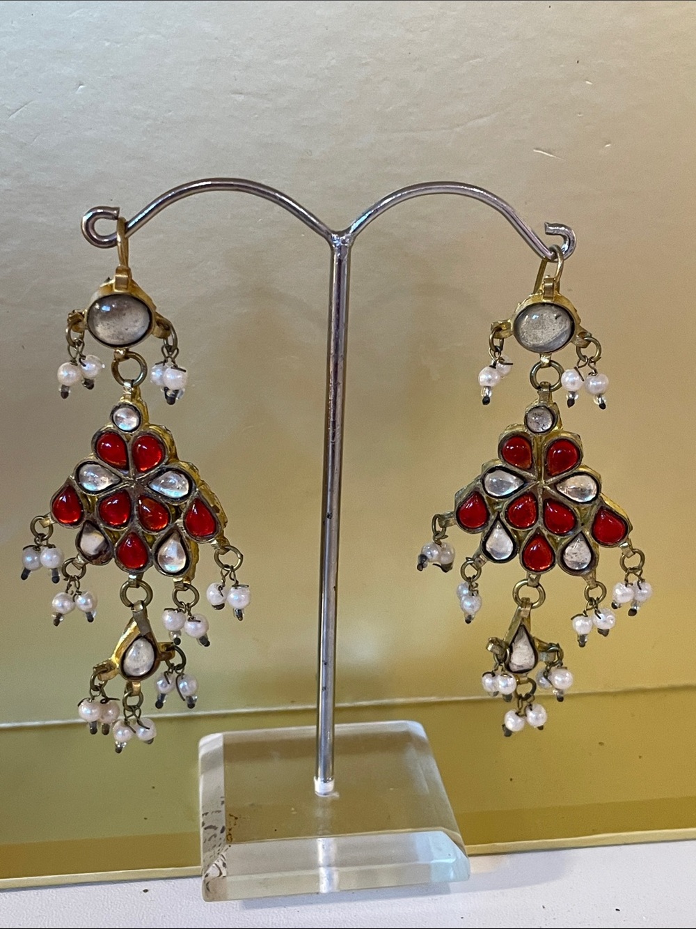Gold-Tone Dangle Earrings with Red and White Stones